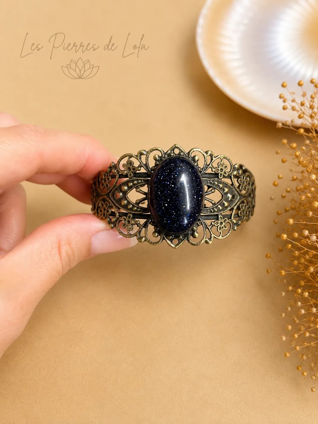Bracelet réglable en bronze patiné – Goldstone Blue