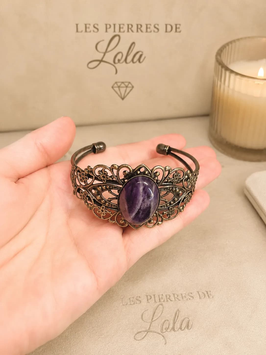Bracelet réglable en bronze patiné – Améthyste