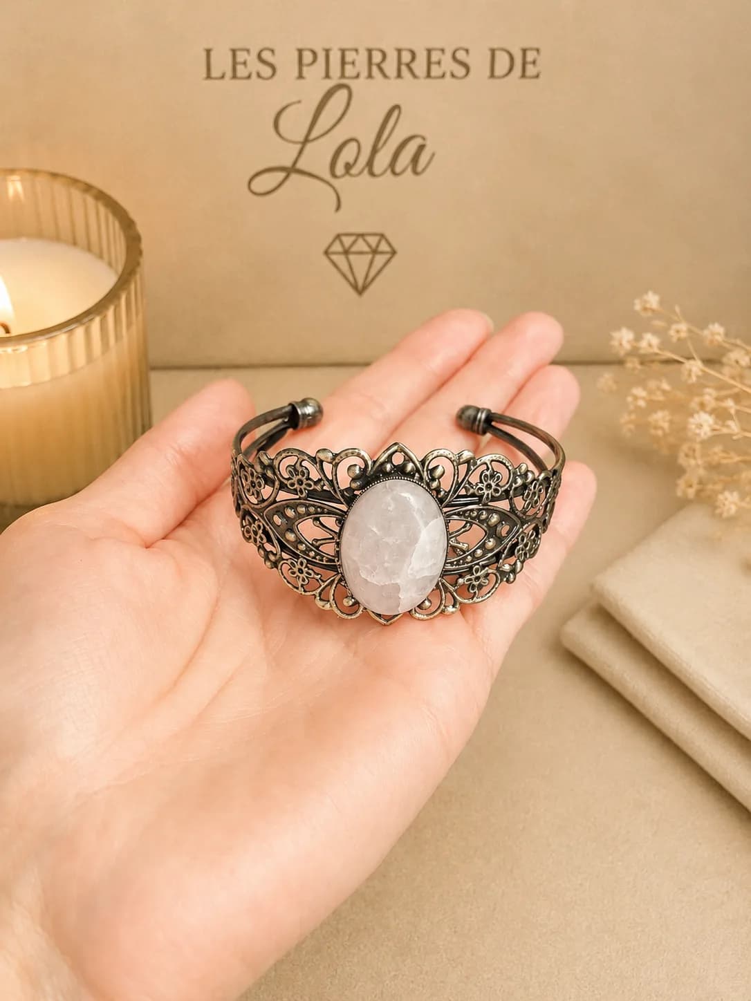 Bracelet réglable en bronze patiné – Quartz rose