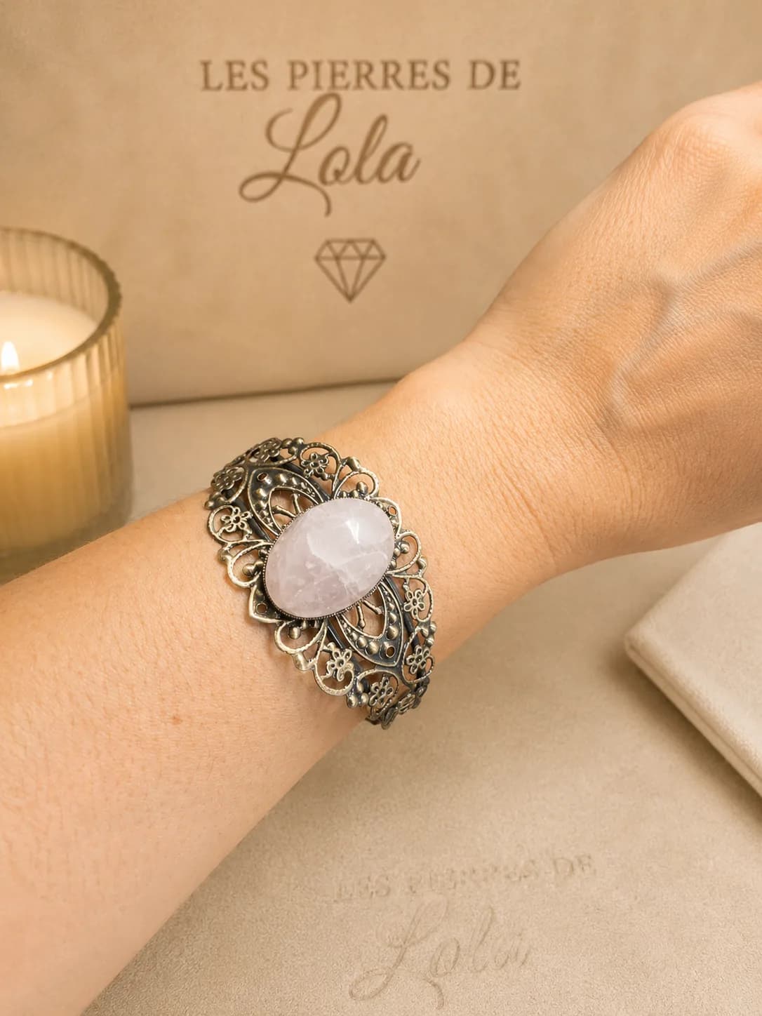 Bracelet réglable en bronze patiné – Quartz rose