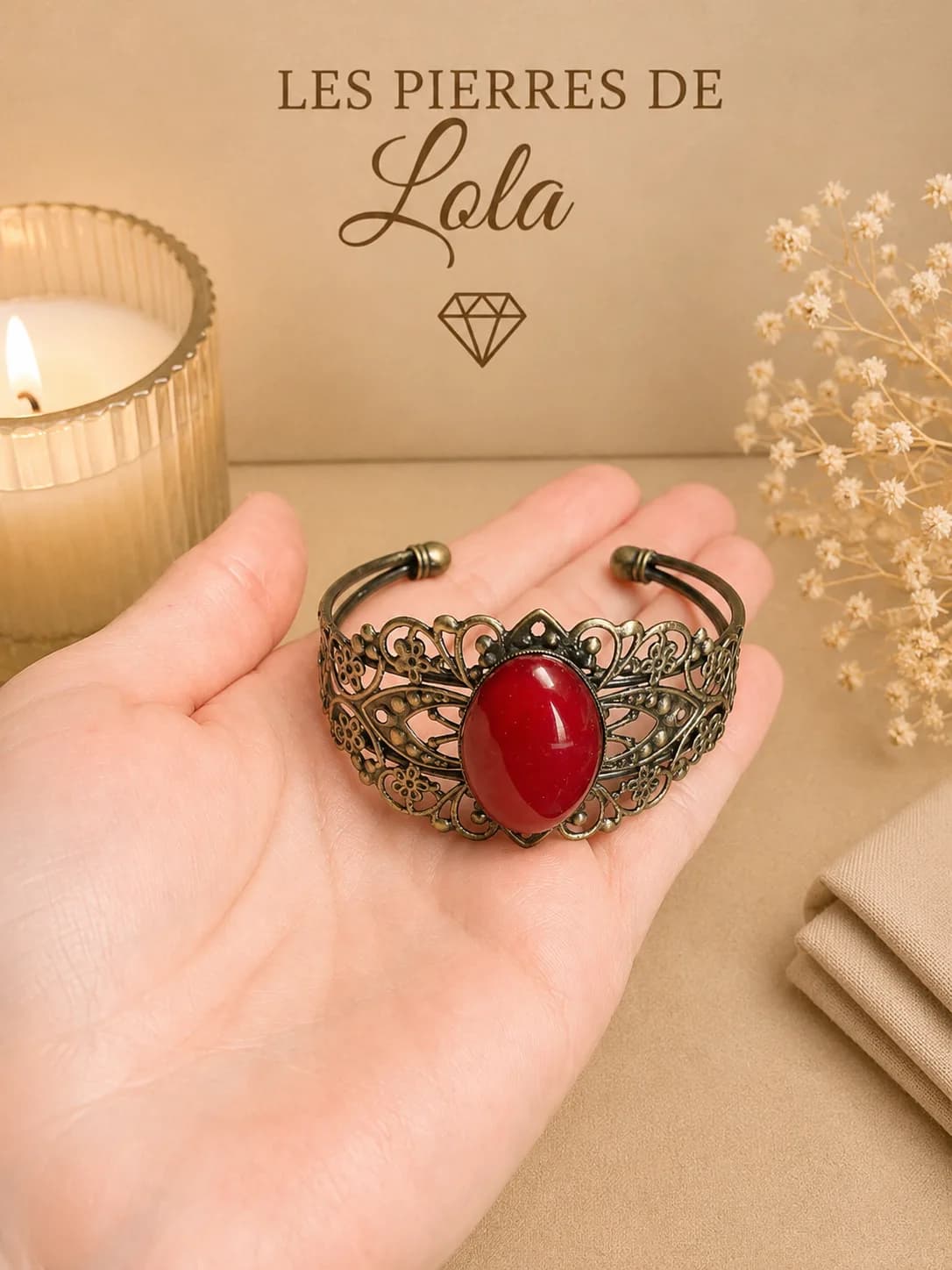 Bracelet vintage en bronze patiné – Agate rouge