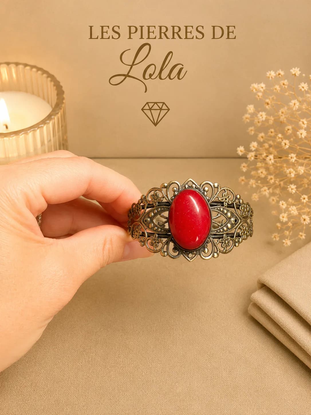 Bracelet vintage en bronze patiné – Agate rouge