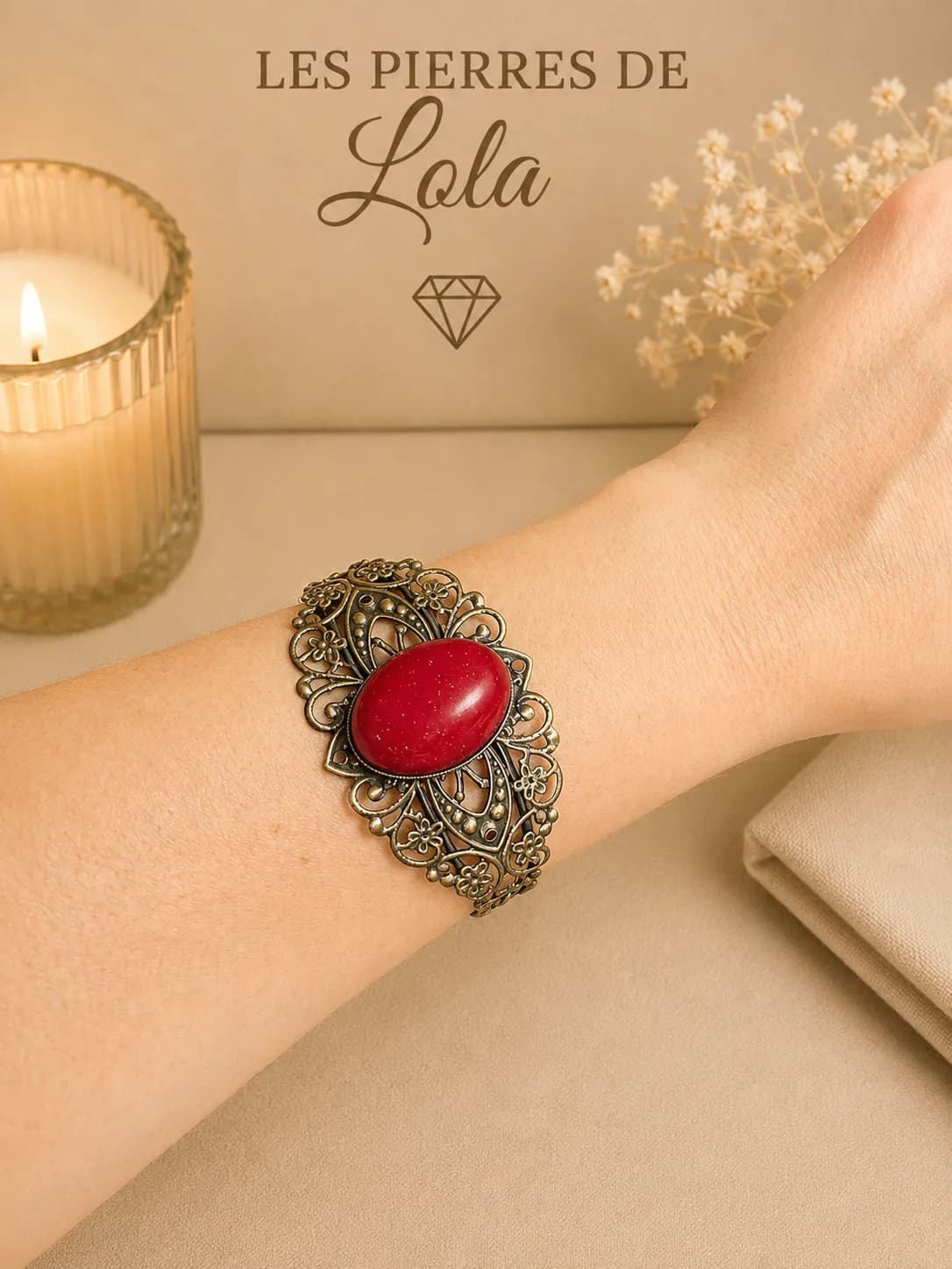 Bracelet vintage en bronze patiné – Agate rouge