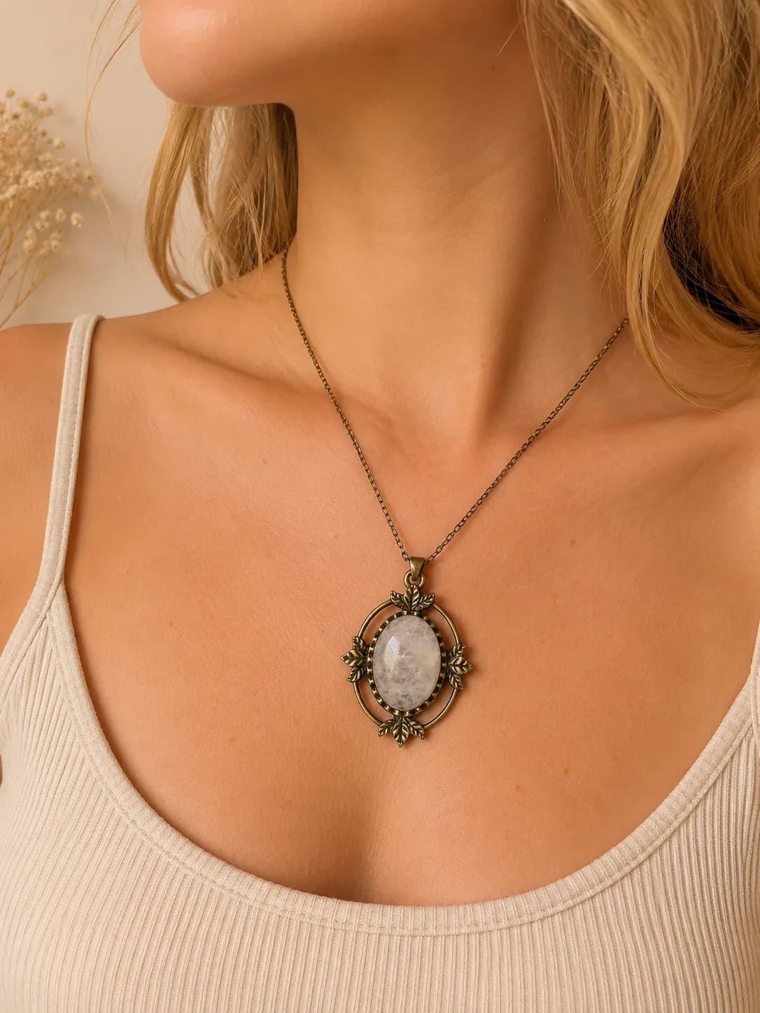Collier « Feuilles d'Automne » en Quartz Rose