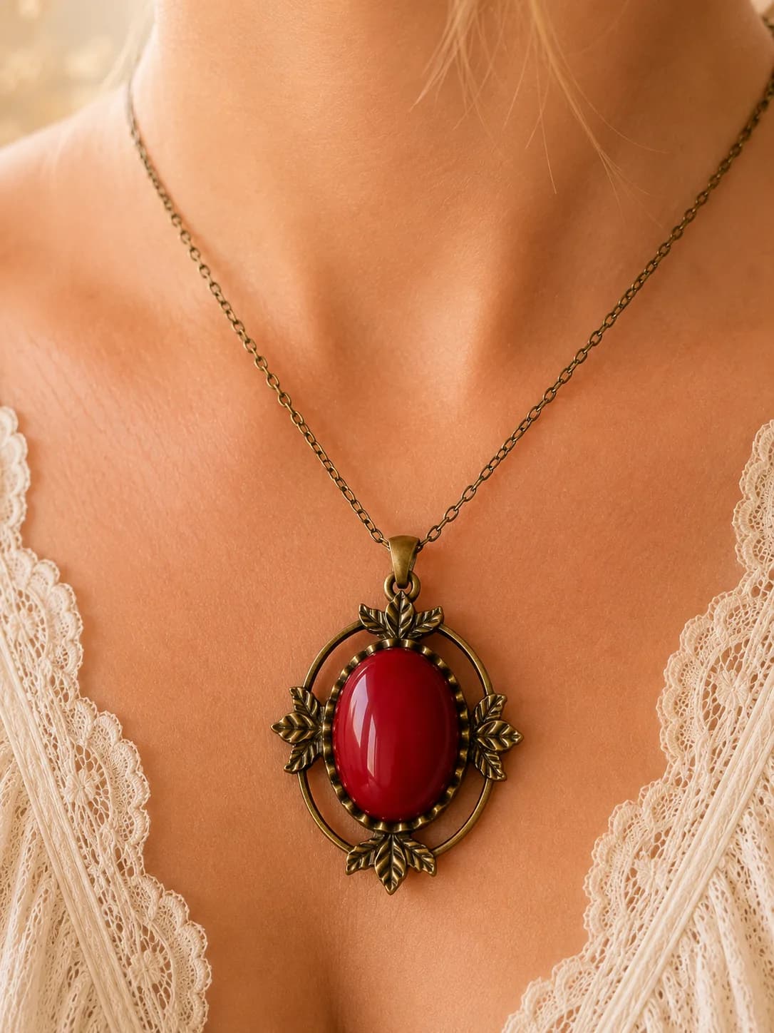 Collier « Feuilles d'Automne » en Agate Rouge