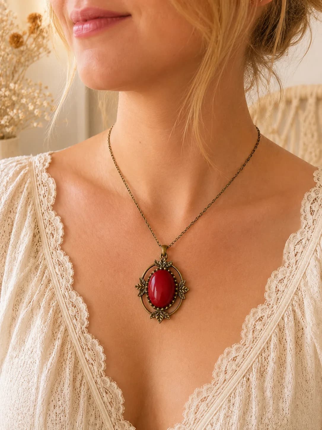 Collier « Feuilles d'Automne » en Agate Rouge