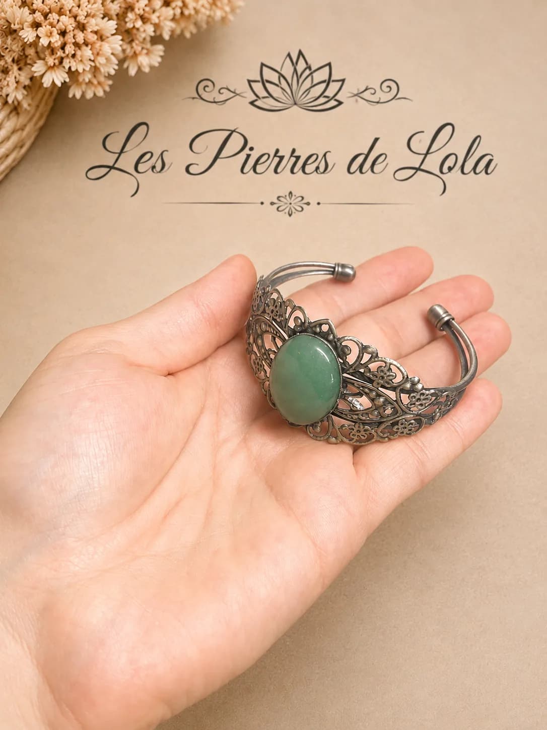 Bracelet manchette en Aventurine – Bronze patiné vintage