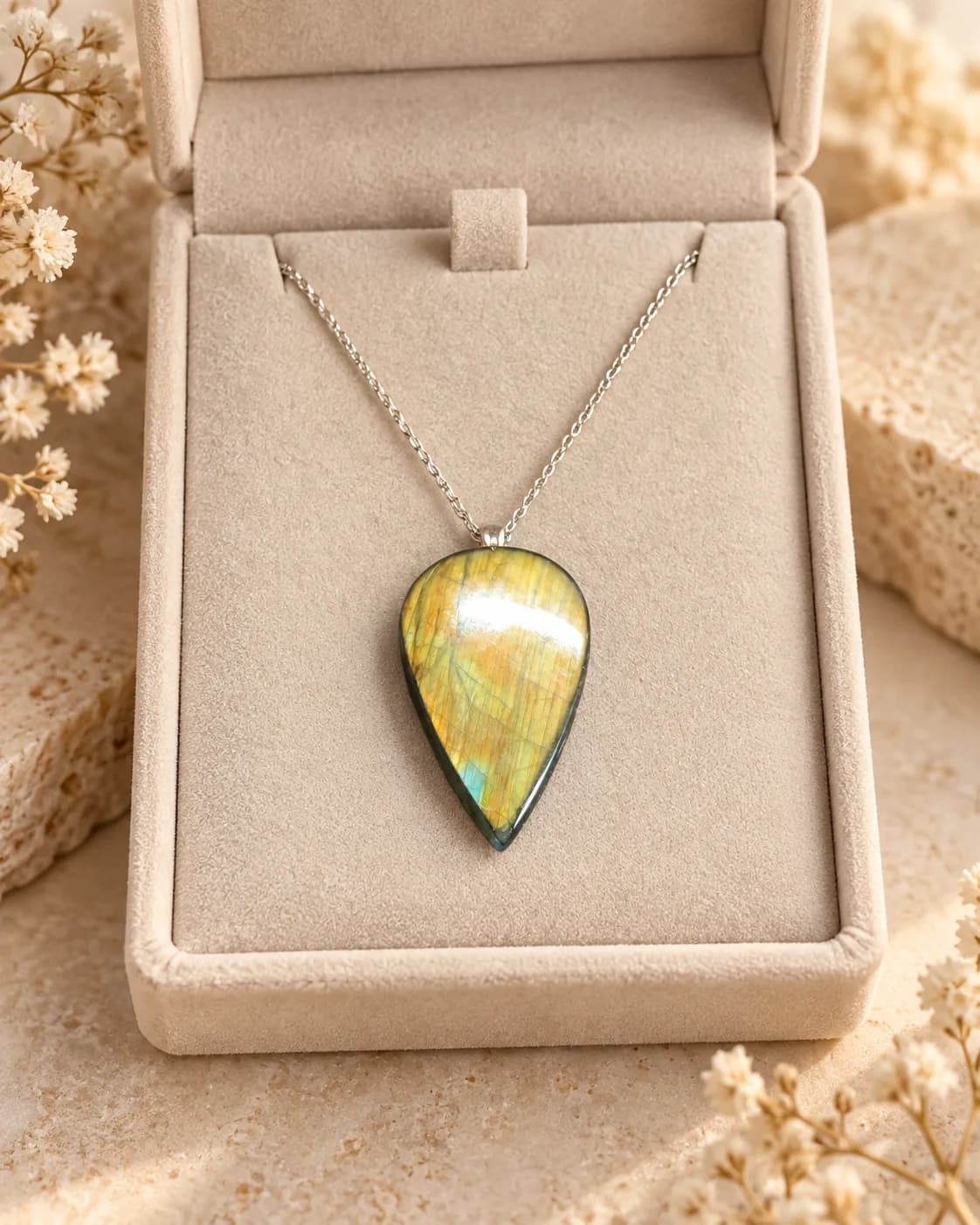Collier Labradorite Goutte – Reflets Or & Bleu