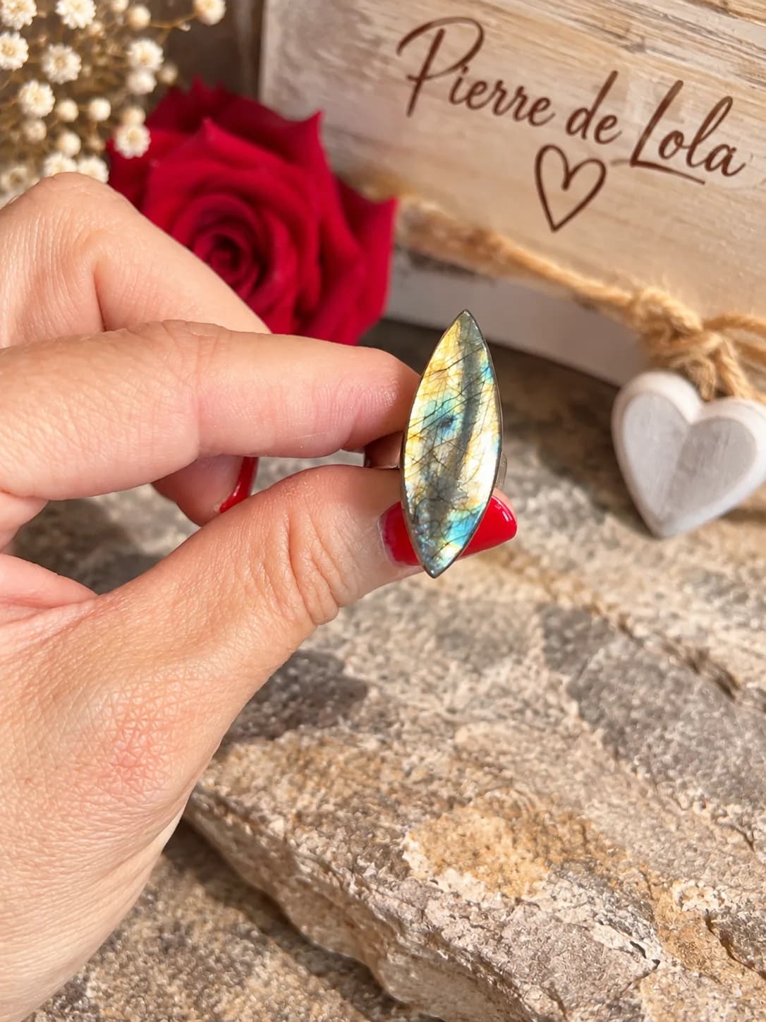 Bague Labradorite Marquise – Reflets Bleu & Doré