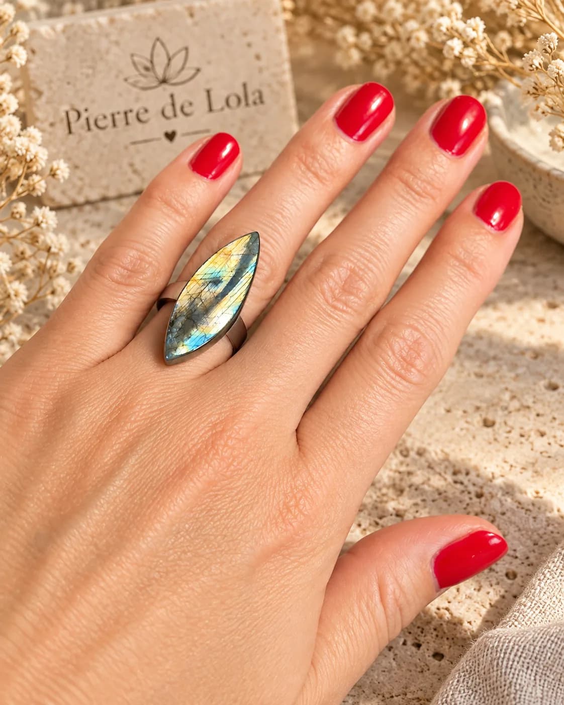 Bague Labradorite Marquise – Reflets Bleu & Doré