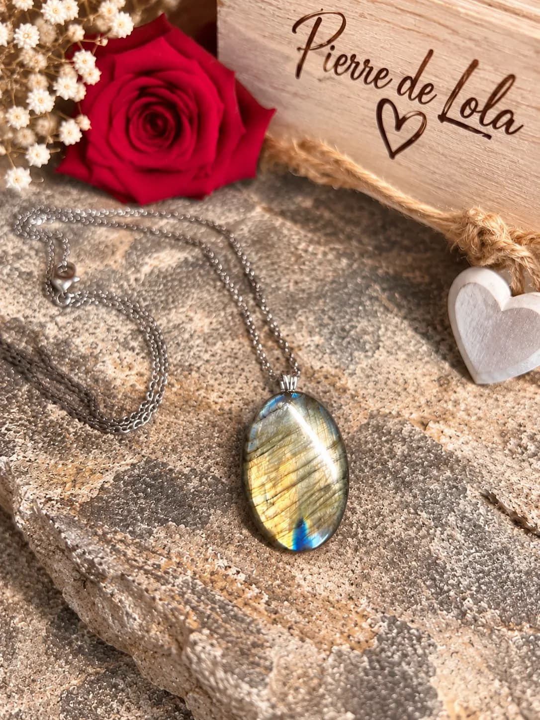 Collier Labradorite Ovale – Reflets Or & Bleu Turquoise
