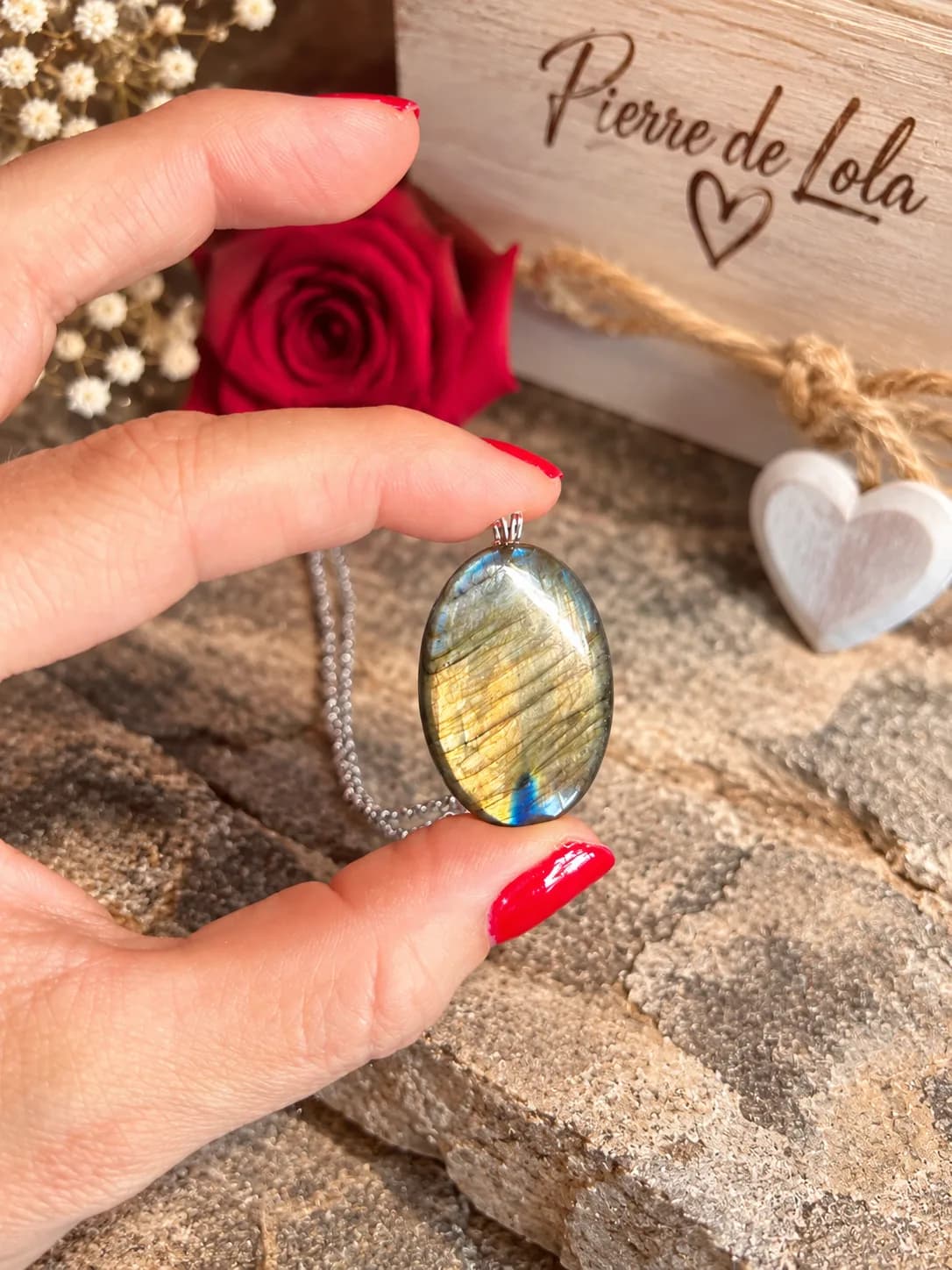 Collier Labradorite Ovale – Reflets Or & Bleu Turquoise