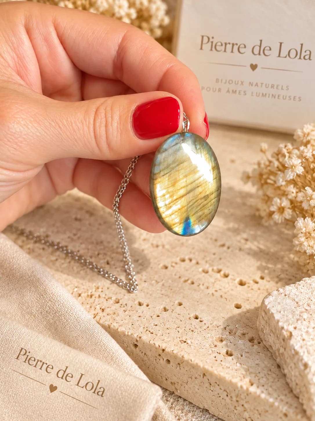Collier Labradorite Ovale – Reflets Or & Bleu Turquoise