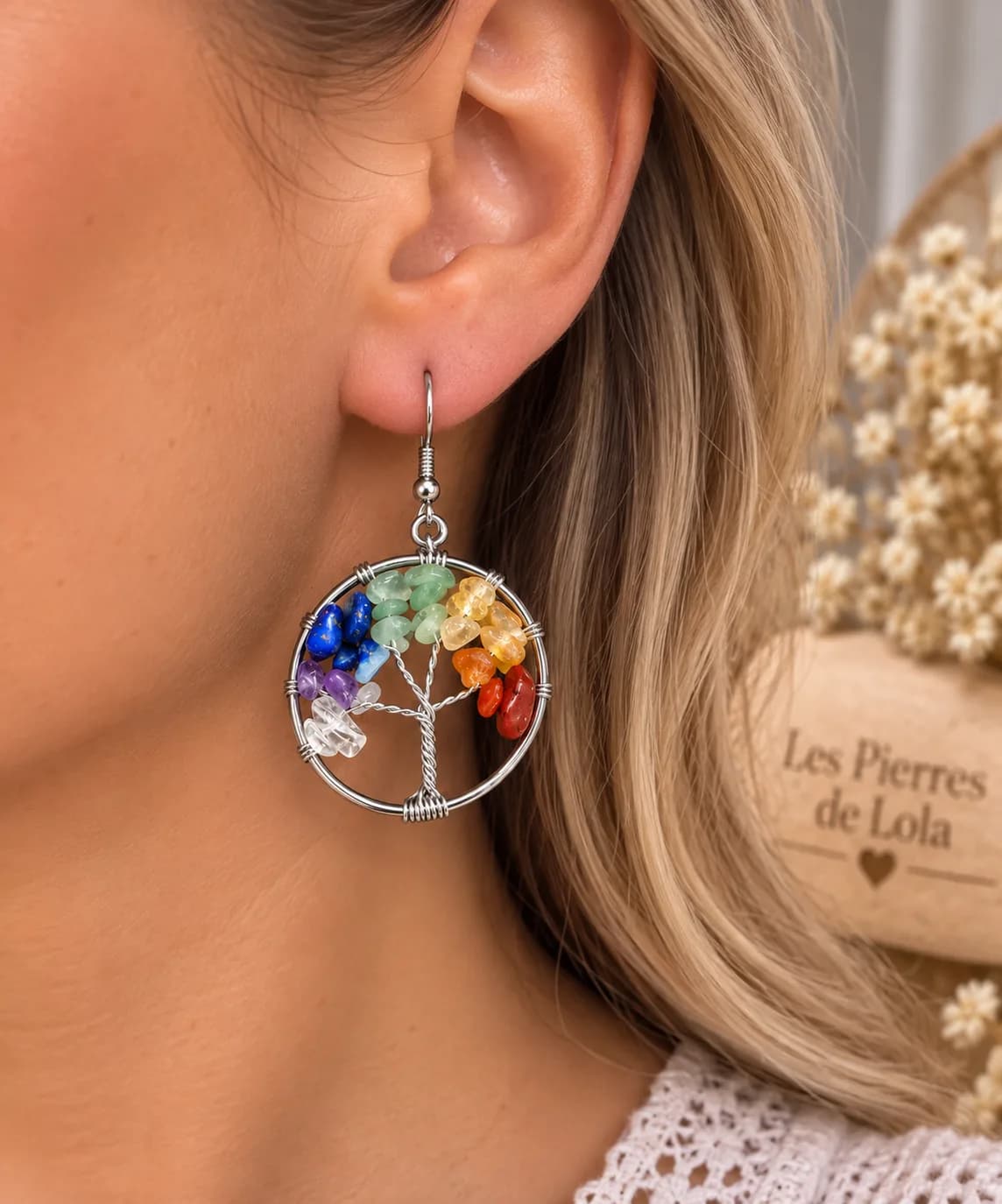 Boucles d’oreilles « Arbre de Vie aux Sept Pierres »