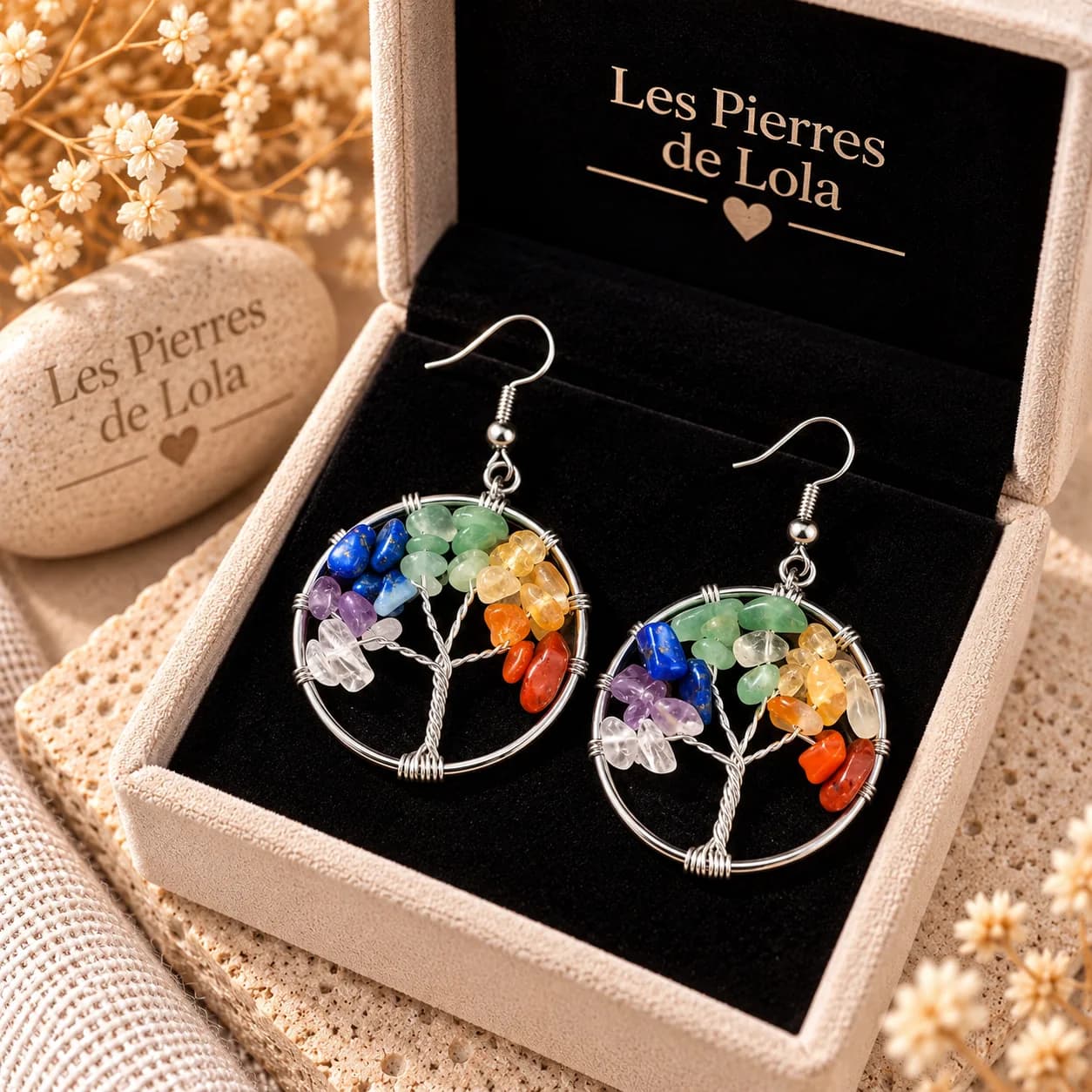 Boucles d’oreilles « Arbre de Vie aux Sept Pierres »