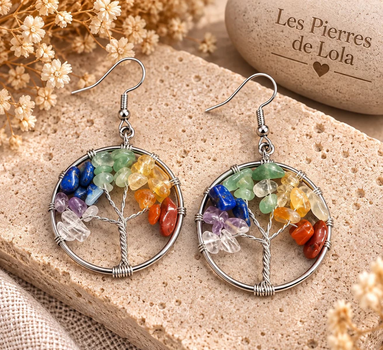 Boucles d’oreilles « Arbre de Vie aux Sept Pierres »