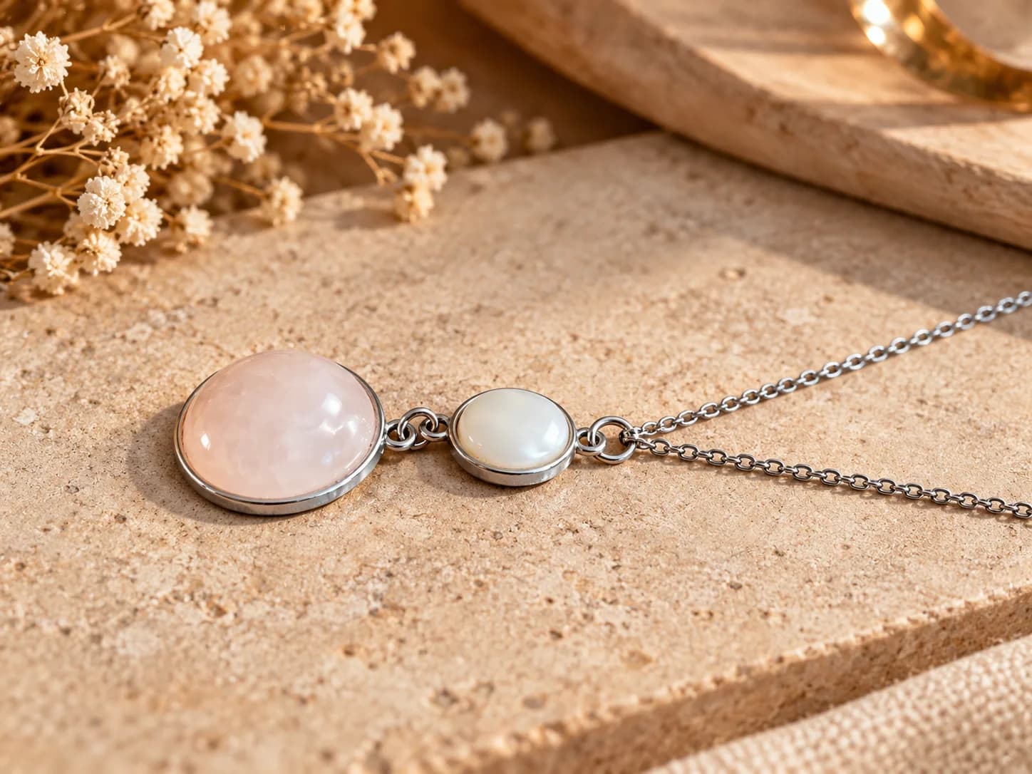 Collier Duo Nacre & Quartz Rose – Douceur Rosée