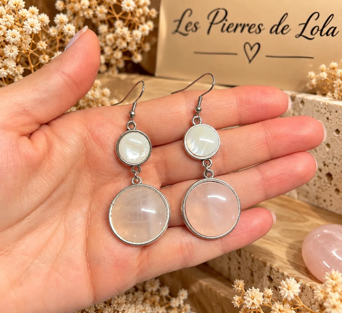Boucles d’Oreilles Duo Nacre & Quartz Rose – Douceur Rosée