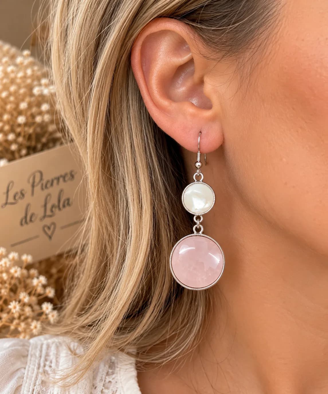 Boucles d’Oreilles Duo Nacre & Quartz Rose – Douceur Rosée