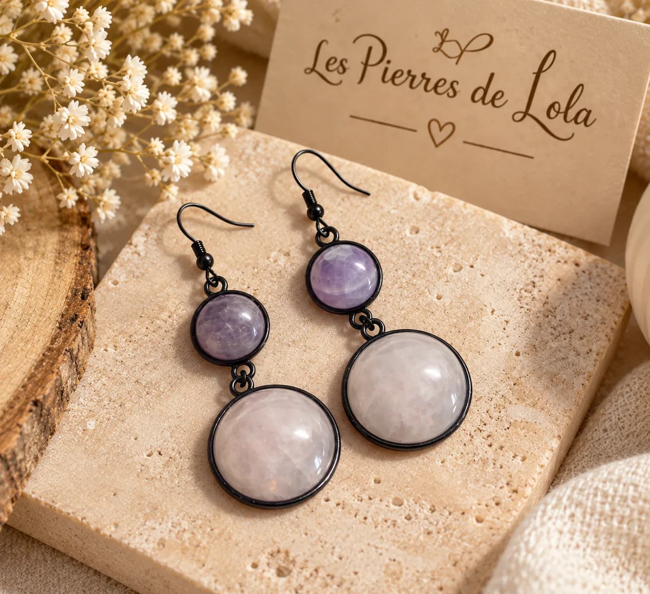 Boucles d’oreilles Améthyste & Quartz Rose – Double pierre