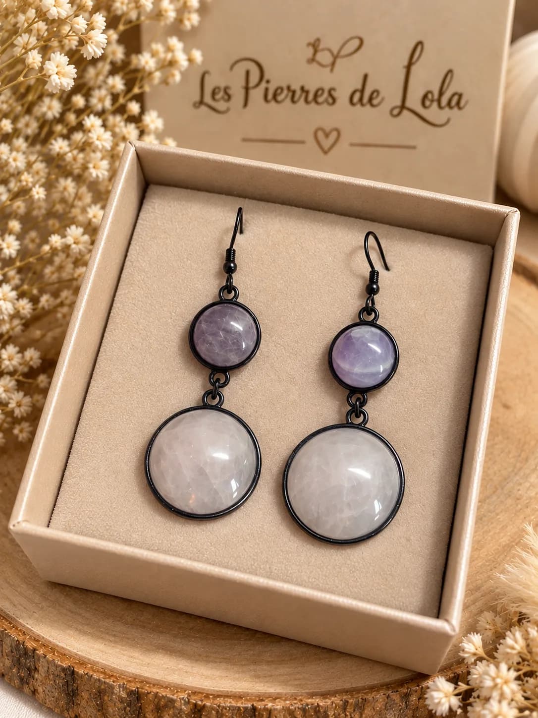 Boucles d’oreilles Améthyste & Quartz Rose – Double pierre