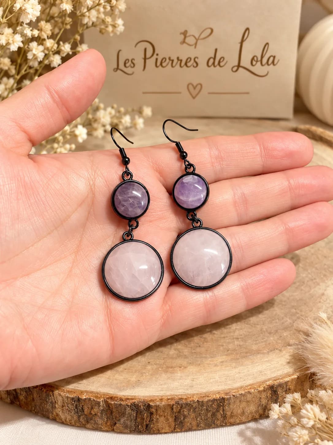 Boucles d’oreilles Améthyste & Quartz Rose – Double pierre