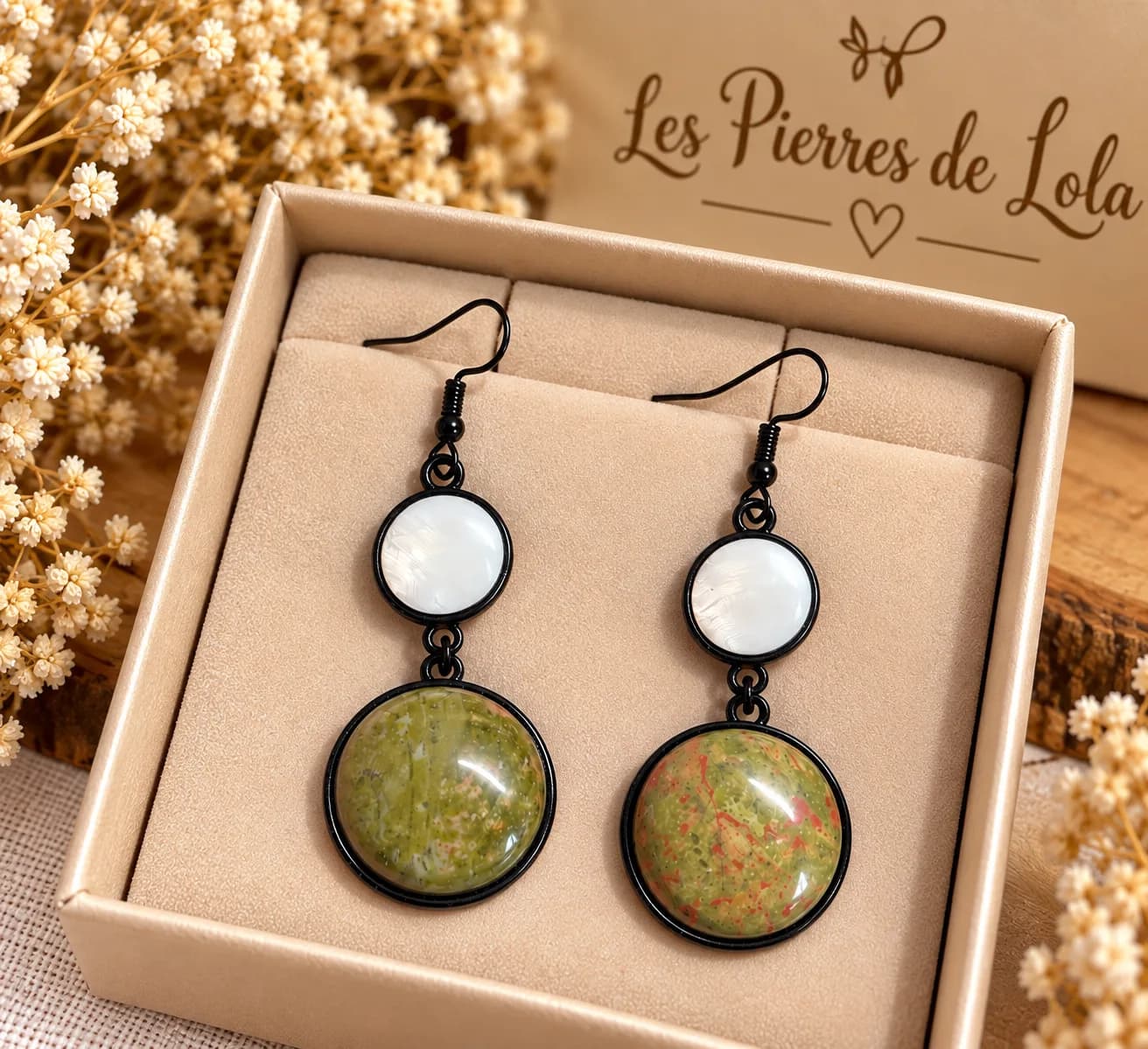 Boucles d’oreilles Unakite & Nacre – Double pierre