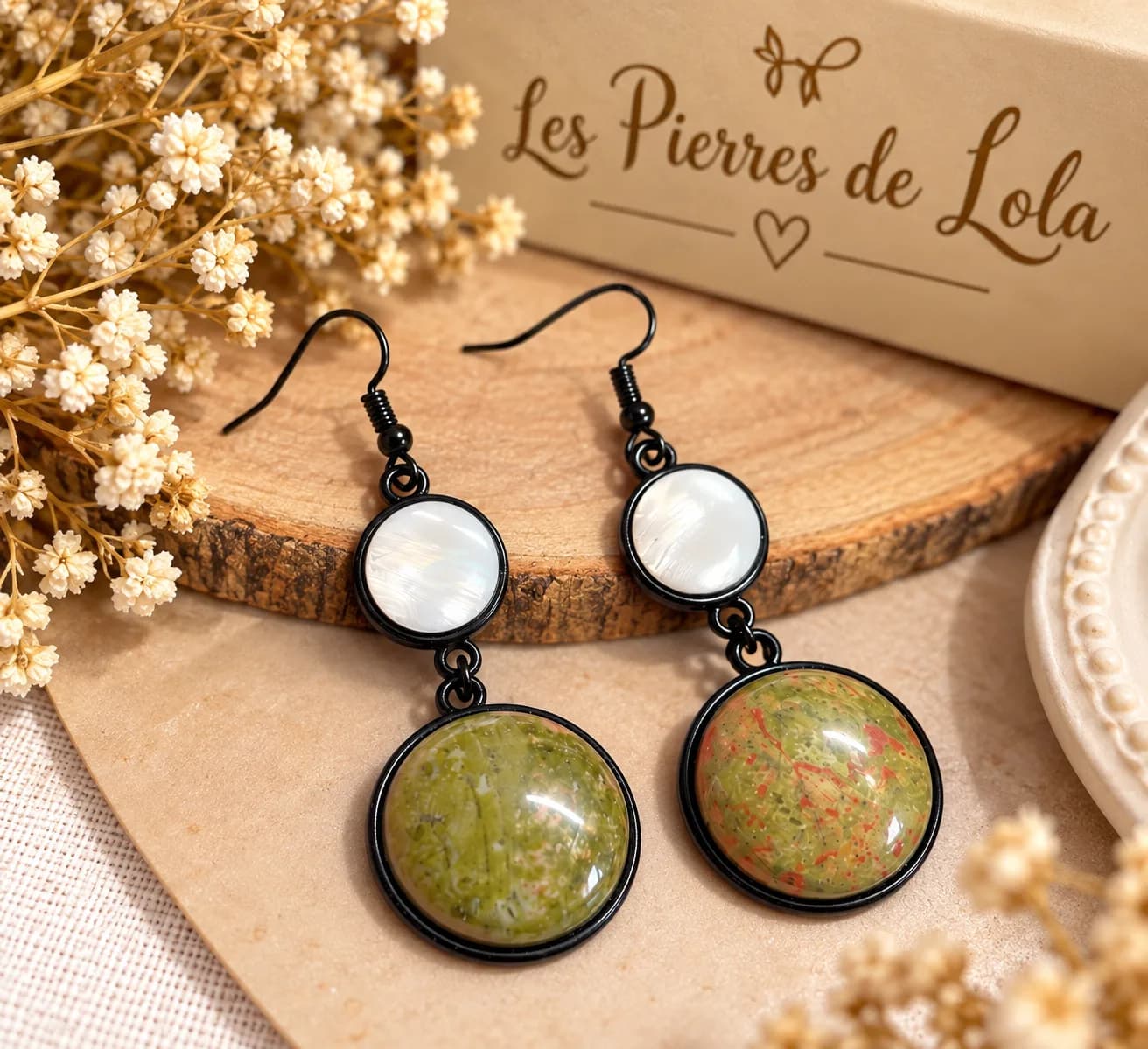 Boucles d’oreilles Unakite & Nacre – Double pierre