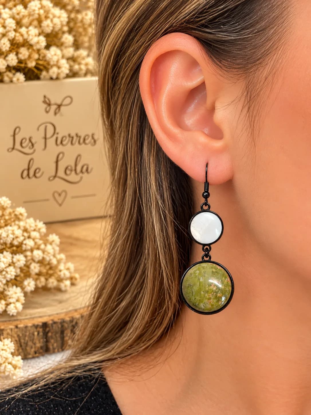 Boucles d’oreilles Unakite & Nacre – Double pierre