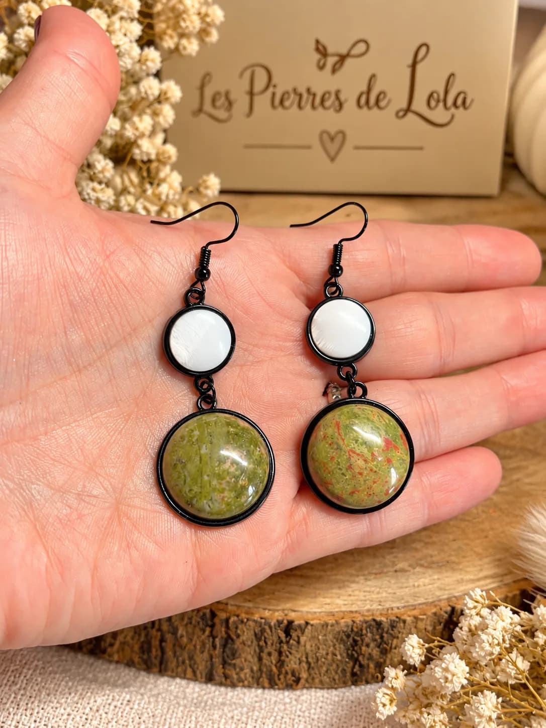 Boucles d’oreilles Unakite & Nacre – Double pierre