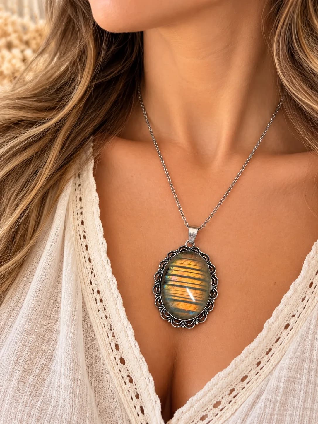 Collier Labradorite – Reflets dorés & stries naturelles