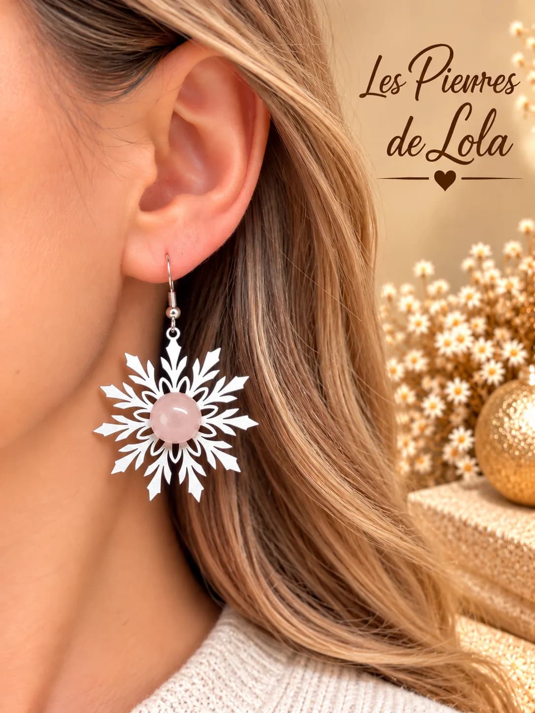Boucles d’oreilles Flocons de Neige – Quartz rose