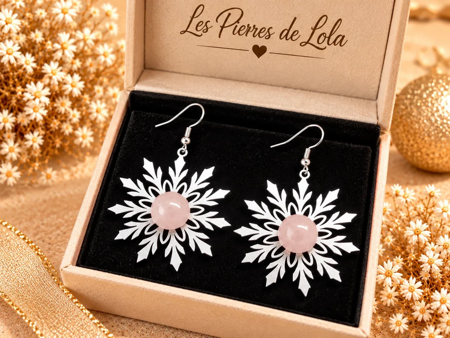 Boucles d’oreilles Flocons de Neige – Quartz rose