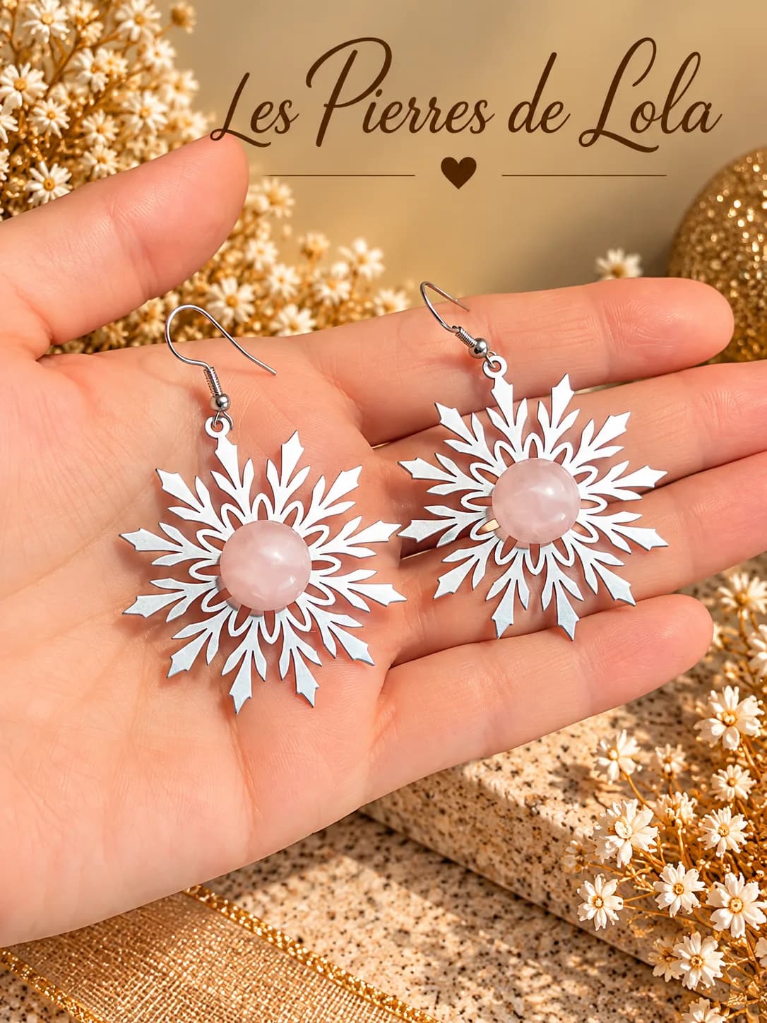 Boucles d’oreilles Flocons de Neige – Quartz rose