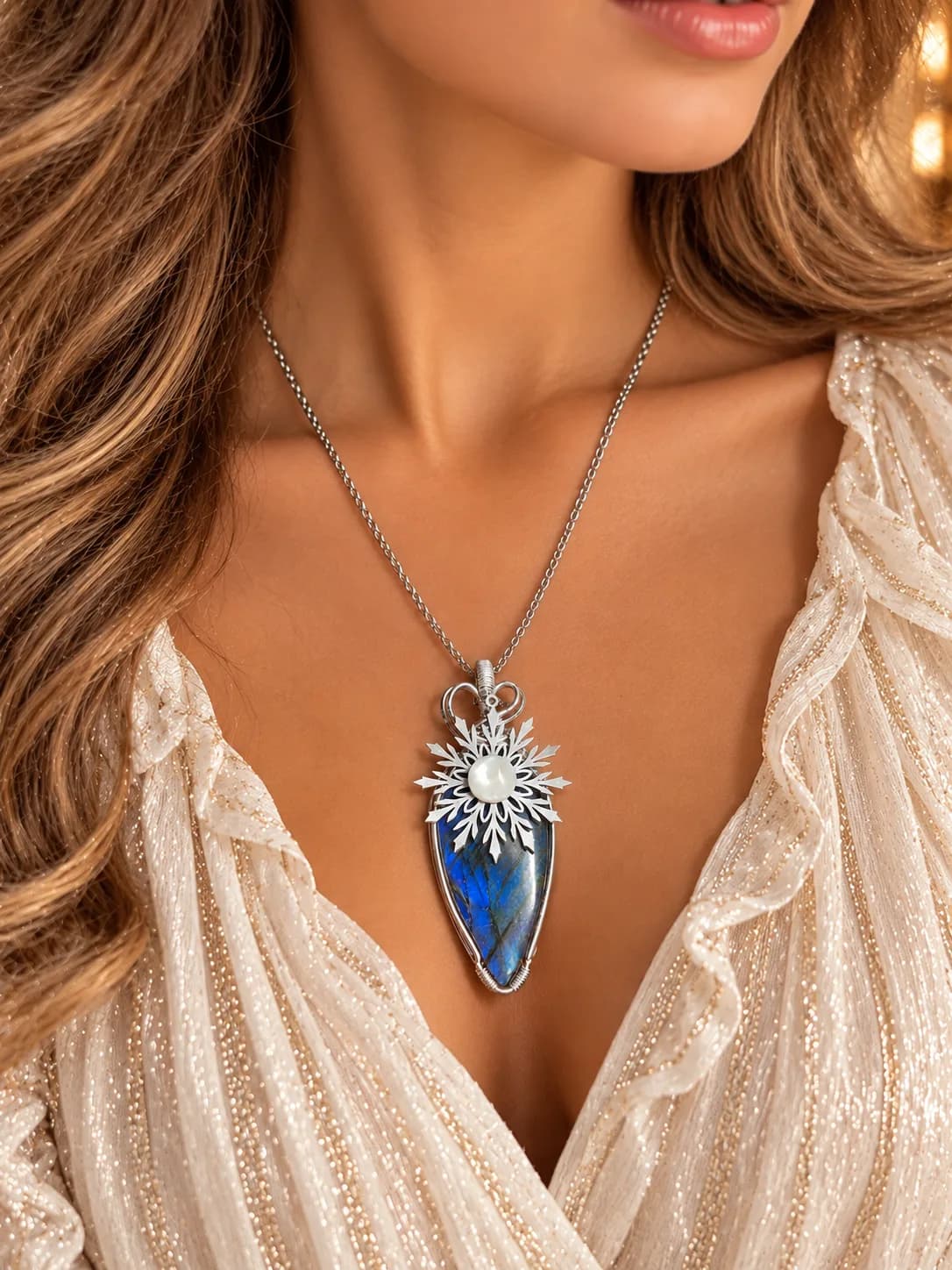 Collier Labradorite & Flocon de Neige – Éclat d’Hiver ❄️💙