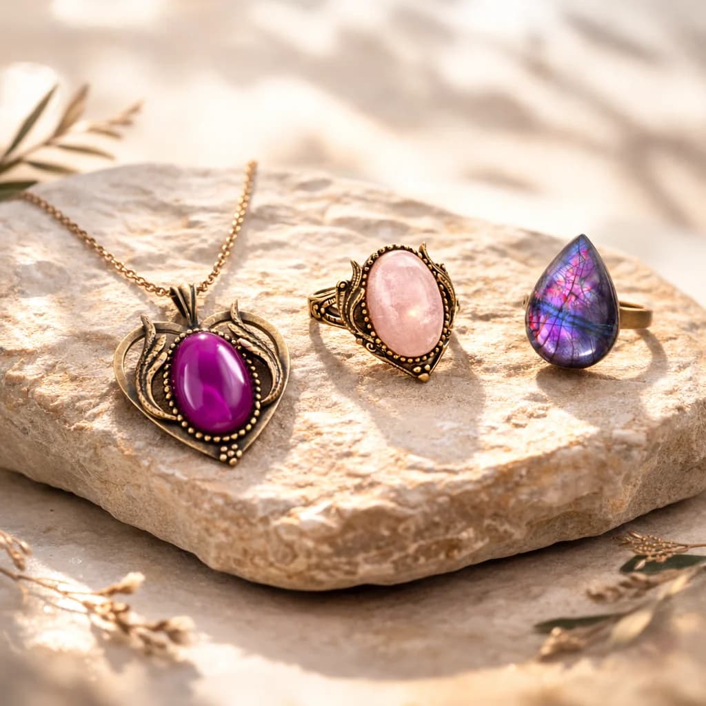 Bijoux en pierres naturelles sur pierre brute