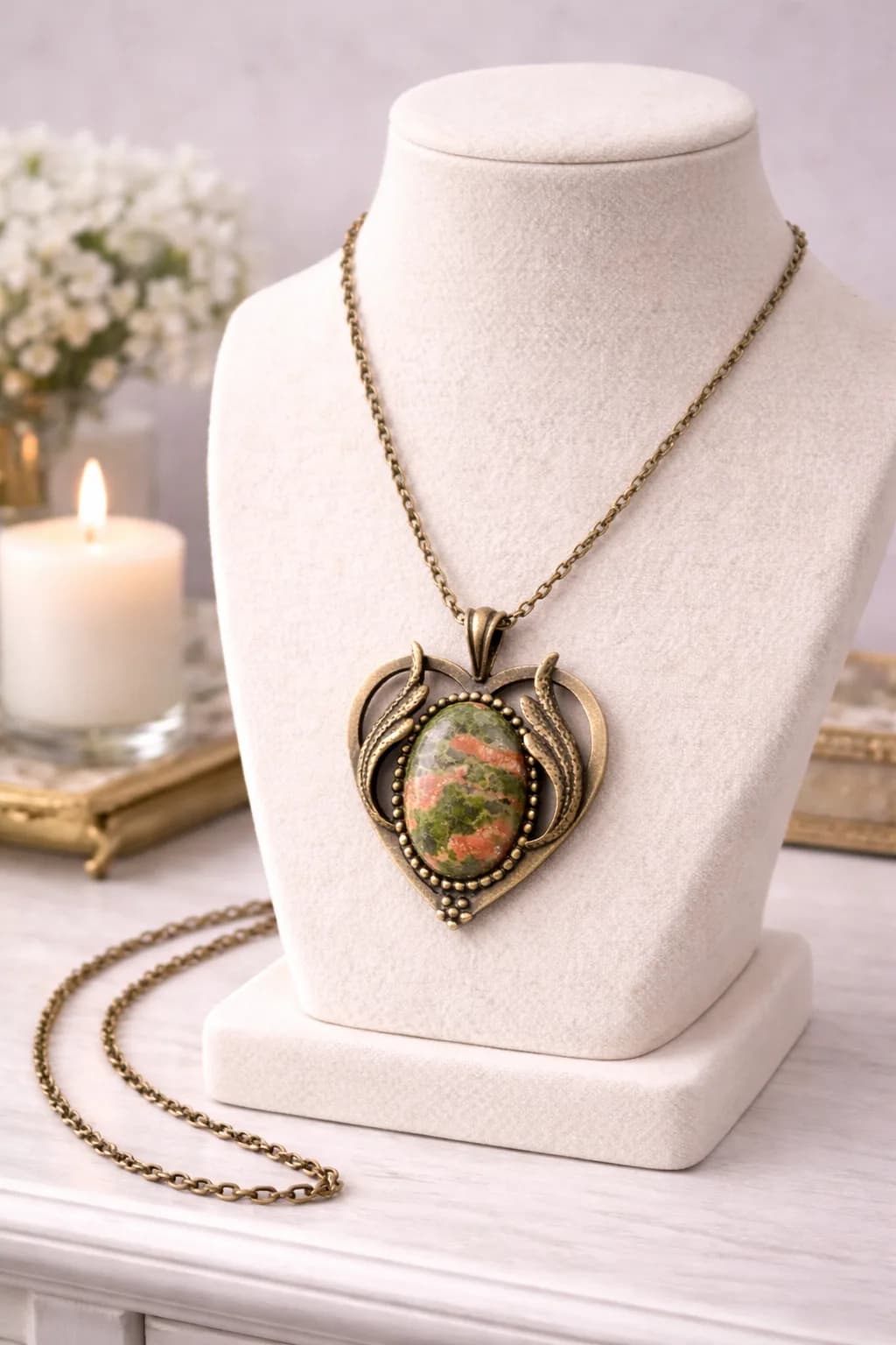 Collier Cœur Bronze & Unakite – Équilibre du Cœur et de l’Esprit