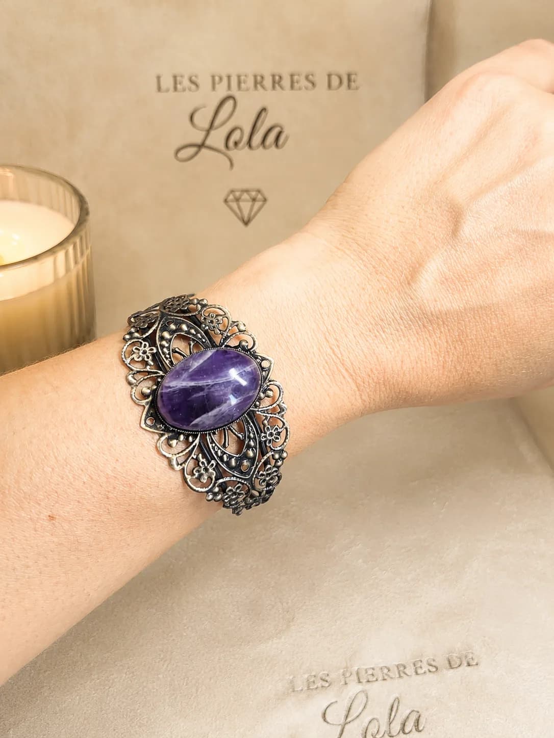 Bracelet réglable en bronze patiné – Améthyste