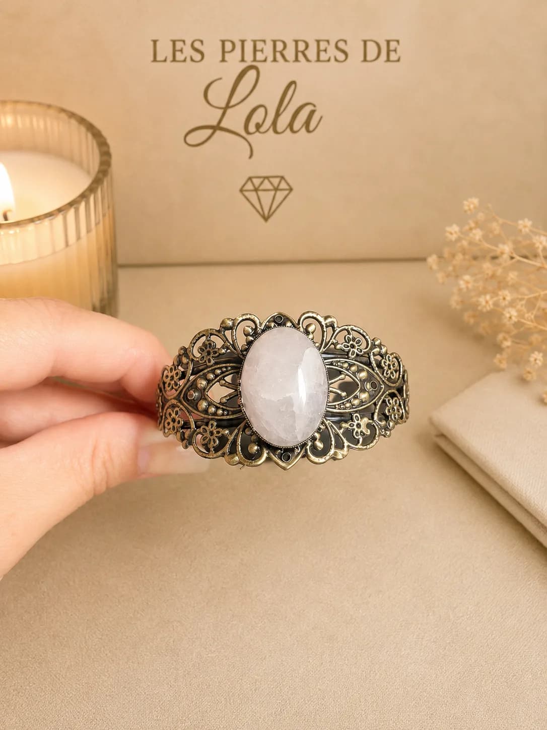 Bracelet réglable en bronze patiné – Quartz rose