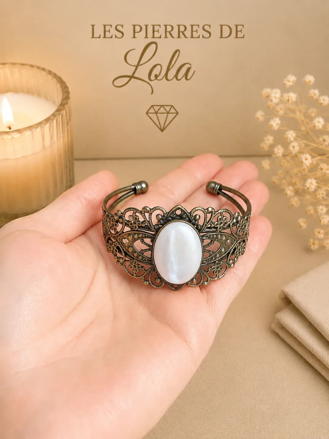Bracelet réglable en bronze patiné – Nacre