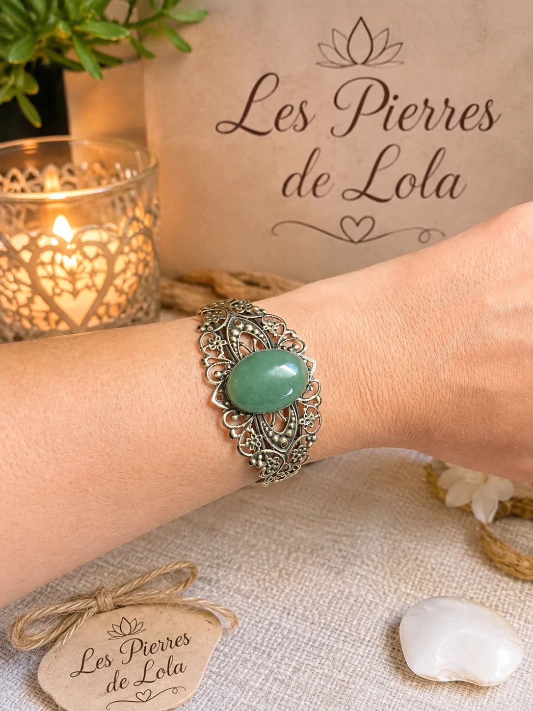 Bracelet manchette en Aventurine – Bronze patiné vintage