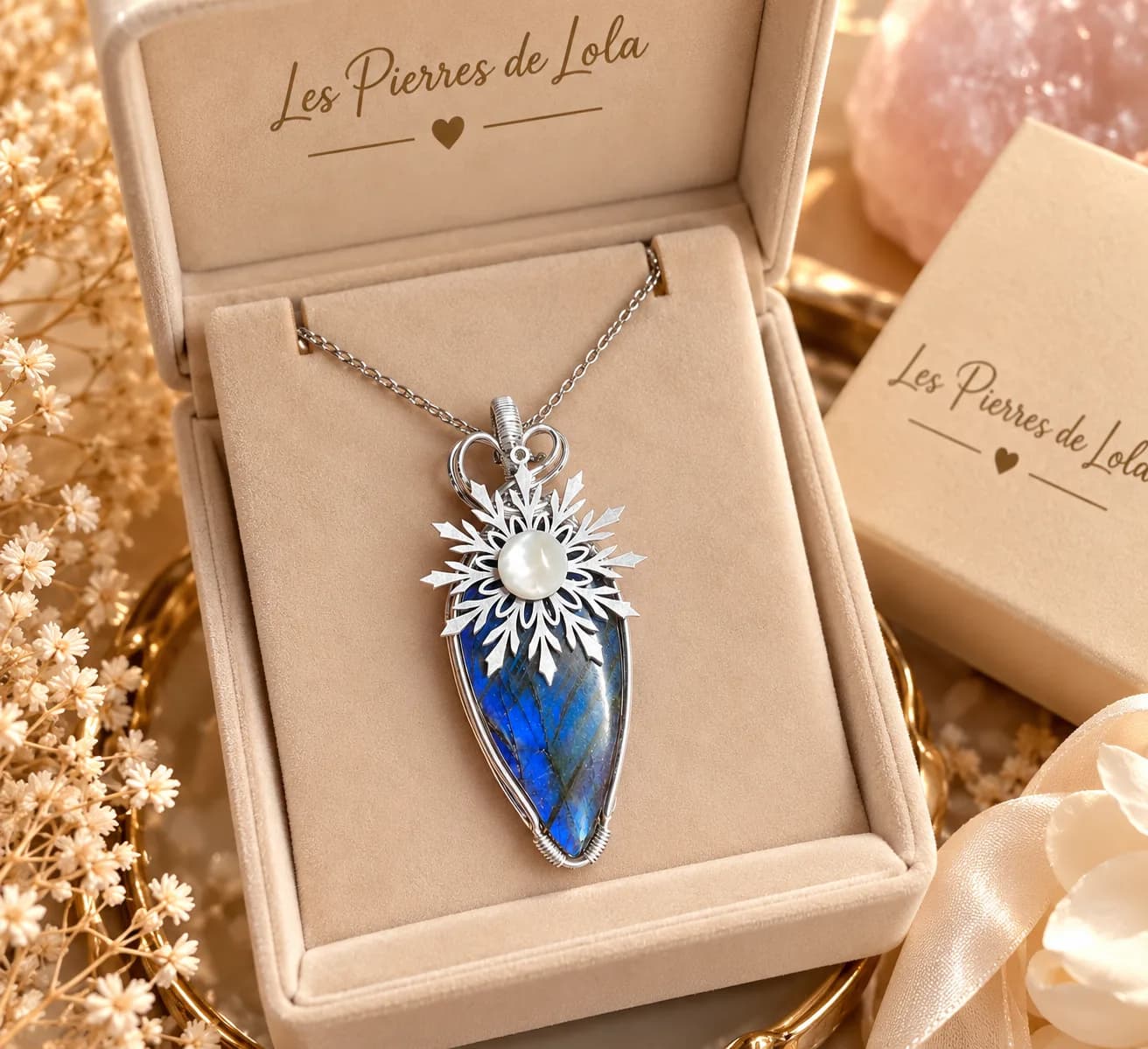 Collier Labradorite & Flocon de Neige – Éclat d’Hiver ❄️💙